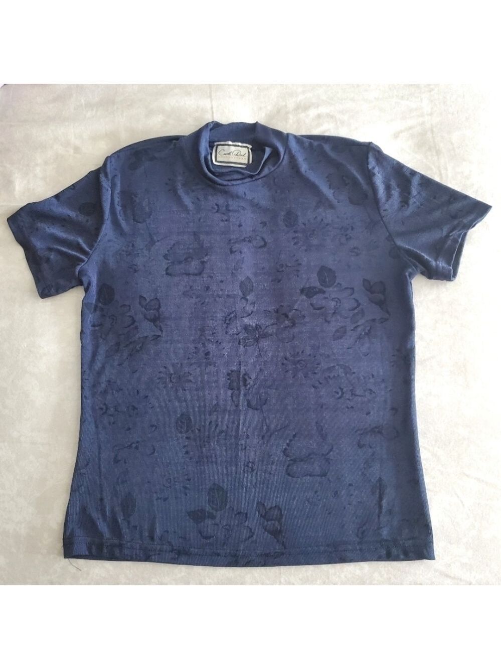Carroll Reed Floral Print Shirt Pleated Mockneck Short Sleeves Relaxed-Fit Blue